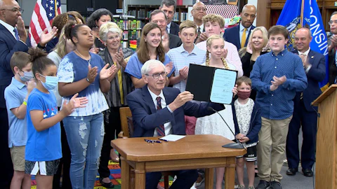 Gov. Tony Evers signs the 2021-23 state budget bill. (Contributed photo)