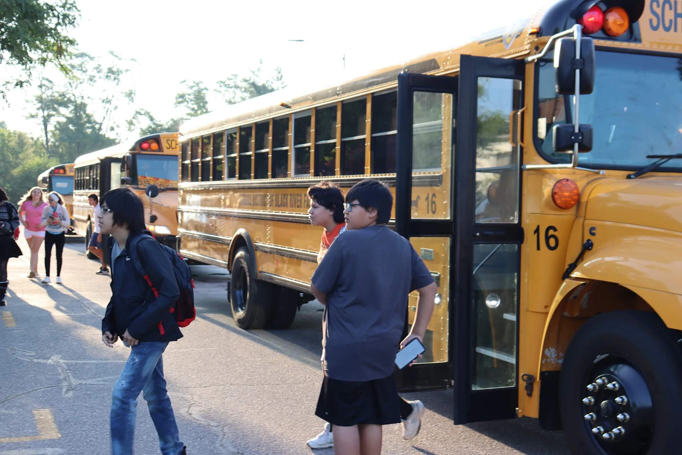 Students get off the bus on their first day for the 2023-2024 school year in Black River Falls. Photo Courtesy Black River Falls School District