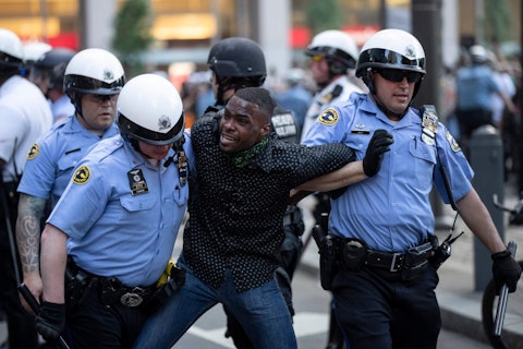 Philadelphia police restrain a man during the Justice for George Floyd Philadelphia Protest on Saturday, May 30, 2020. Protests were held throughout the country over the death of Floyd, a black man who died after being restrained by Minneapolis police officers on May 25. (AP Photo/Matt Rourke)