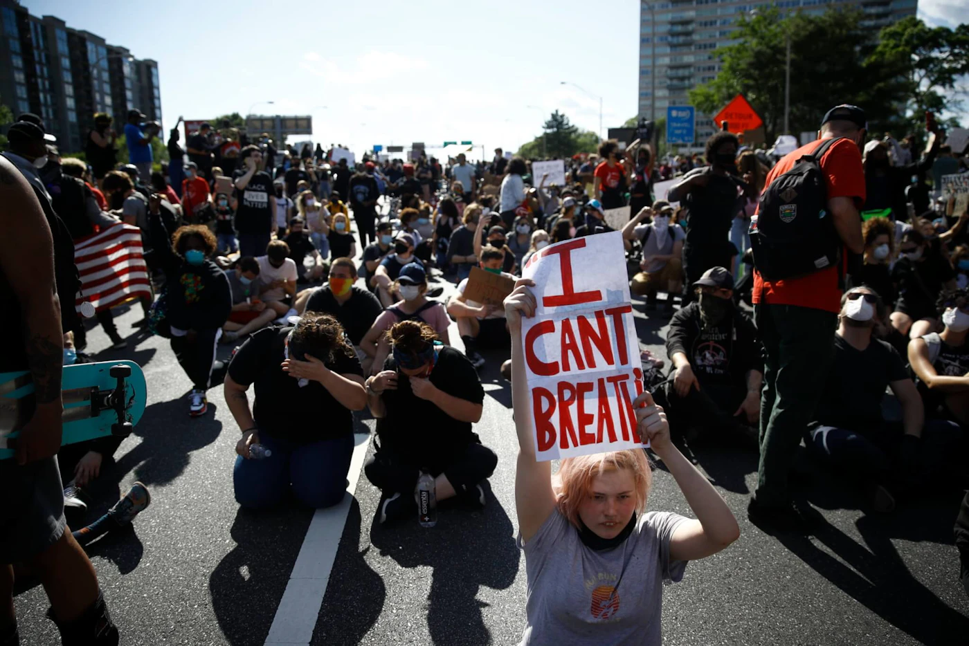Protesters gather on Interstate 676 in Philadelphia, Monday, June 1, 2020 in the aftermath of protest and unrest in reaction to the death of George Floyd. Floyd died after being restrained by Minneapolis police officers on May 25. (AP Photo/Matt Rourke)