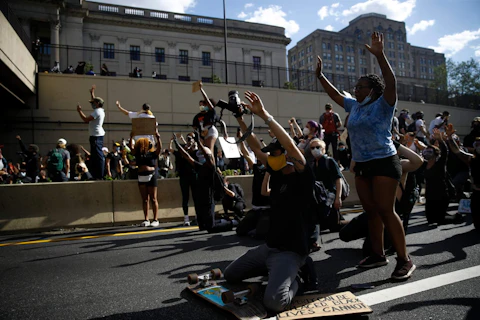 Protesters gather on Interstate 676 in Philadelphia, Monday, June 1, 2020 during a march calling for justice over the death of George Floyd in Philadelphia, Monday, June 1, 2020. Floyd died after being restrained by Minneapolis police officers on May 25. (AP Photo/Matt Rourke)