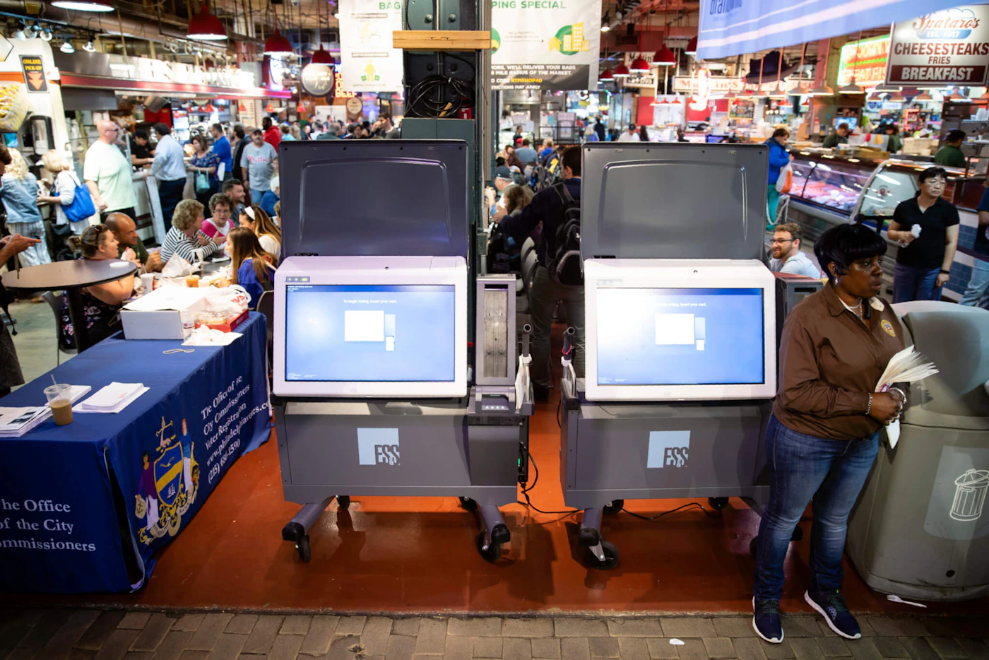 In this June 13, 2019, file photo, ExpressVote XL voting machines are displayed during a demonstration at the Reading Terminal Market in Philadelphia. (AP Photo/Matt Rourke, File)