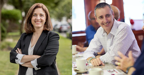 Portraits of Pennsylvania 1st Congressional District Democratic candidate Christina Finello (left) and Republican US Rep. Brian Fitzpatrick (right). (Photos courtesy of the candidates' campaigns.)