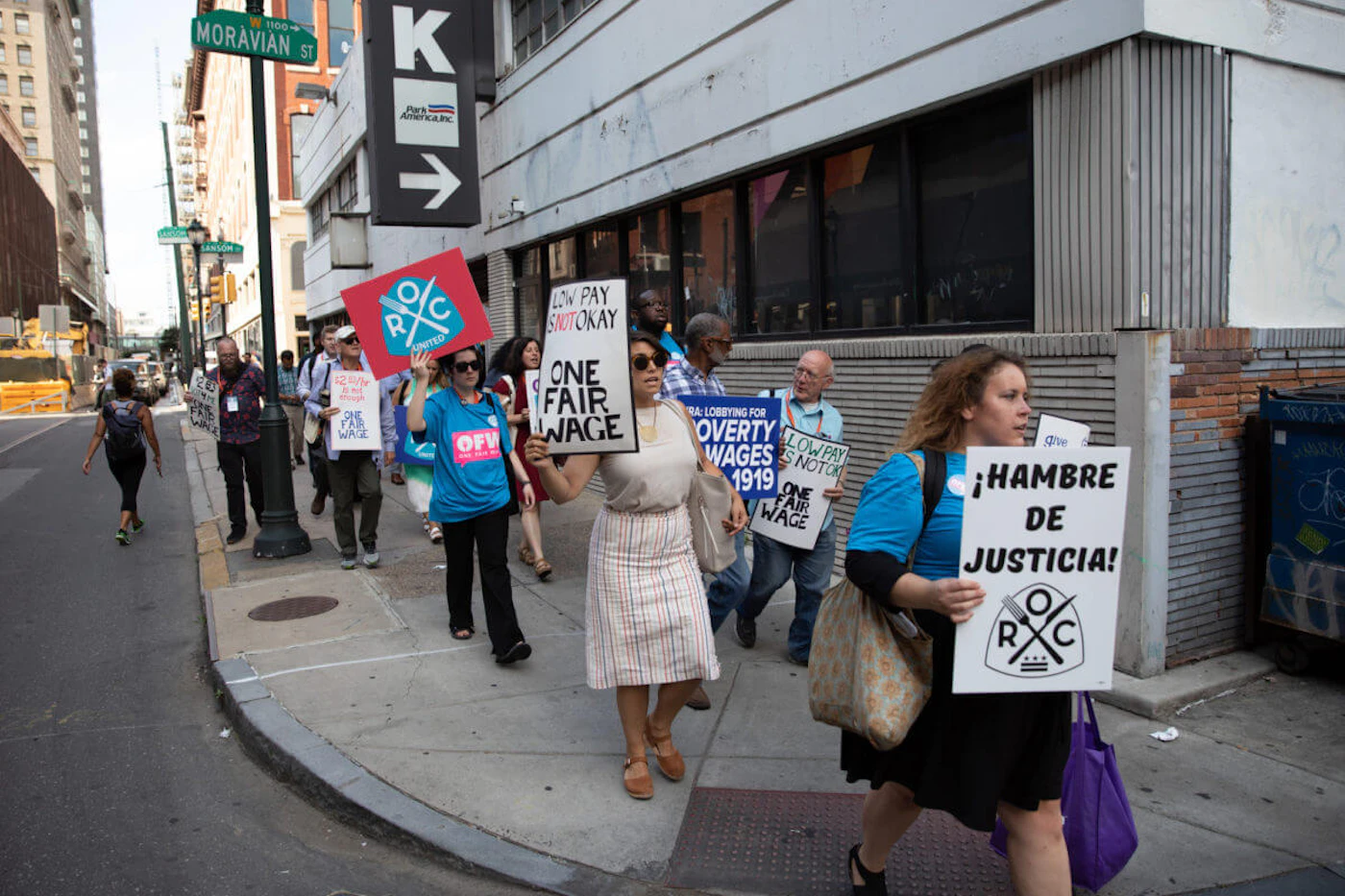 State Sen. Art Haywood (D-Philadelphia/Montgomery) and activists march for a higher minimum wage on July 12, 2019, in Philadelphia. (Pennsylvania Senate Democratic Caucus/James Robinson)
