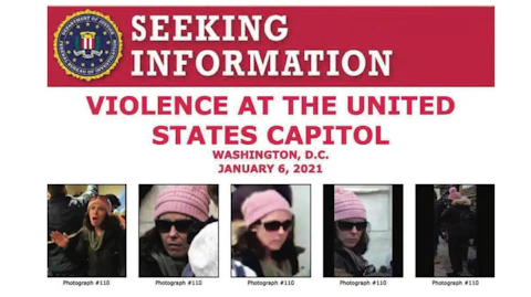 The criminal complaint issued against Rachel Marie Powell included these images of a woman in a pink hat at the Capitol on Jan. 6