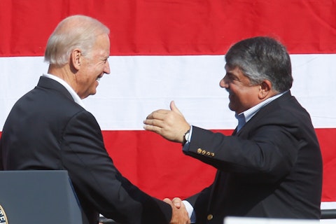Then-Vice President Joe Biden, left, is greeted by AFL-CIO President Rich Trumka, before he speaks to a crowd before the annual Labor Day parade on Monday, Sept. 7, 2015, in Pittsburgh. (AP Photo/Keith Srakocic)