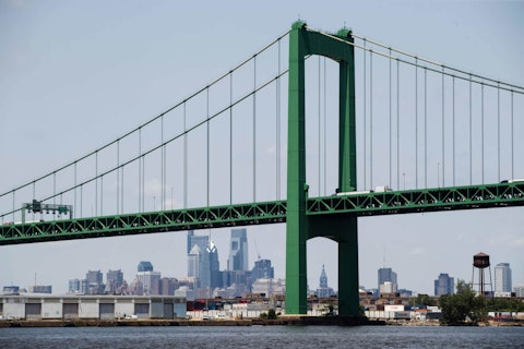 The Philadelphia side of the Walt Whitman Bridge spanning the Delaware River between Pennsylvania and New Jersey is seen on the poet's 200th birthday, Friday, May 31, 2019. (AP Photo/Matt Rourke)