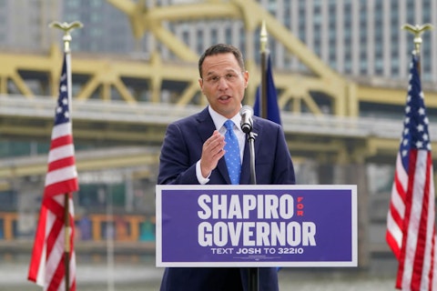 Pennsylvania's Democratic attorney general Josh Shapiro speaks to a crowd with the city behind him during his campaign launch address for Pennsylvania governor, Wednesday, Oct. 13, 2021, in Pittsburgh. (AP Photo/Keith Srakocic)