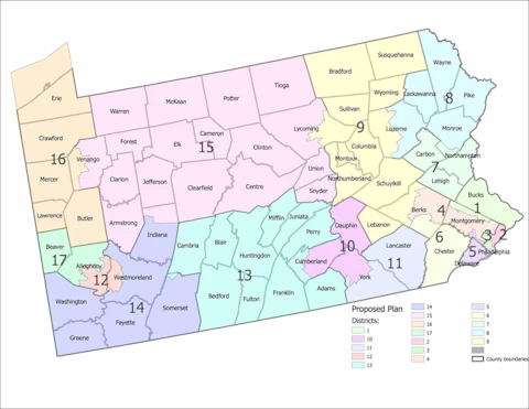 Shown is a new map of congressional districts provided by the Supreme Court Of Pennsylvania on Wednesday, Feb. 23, 2022. Pennsylvania's highest court is breaking a partisan deadlock over a new map of congressional districts by selecting boundaries that broadly adhere to the current outlines of the state's districts. (Supreme Court Of Pennsylvania via AP)