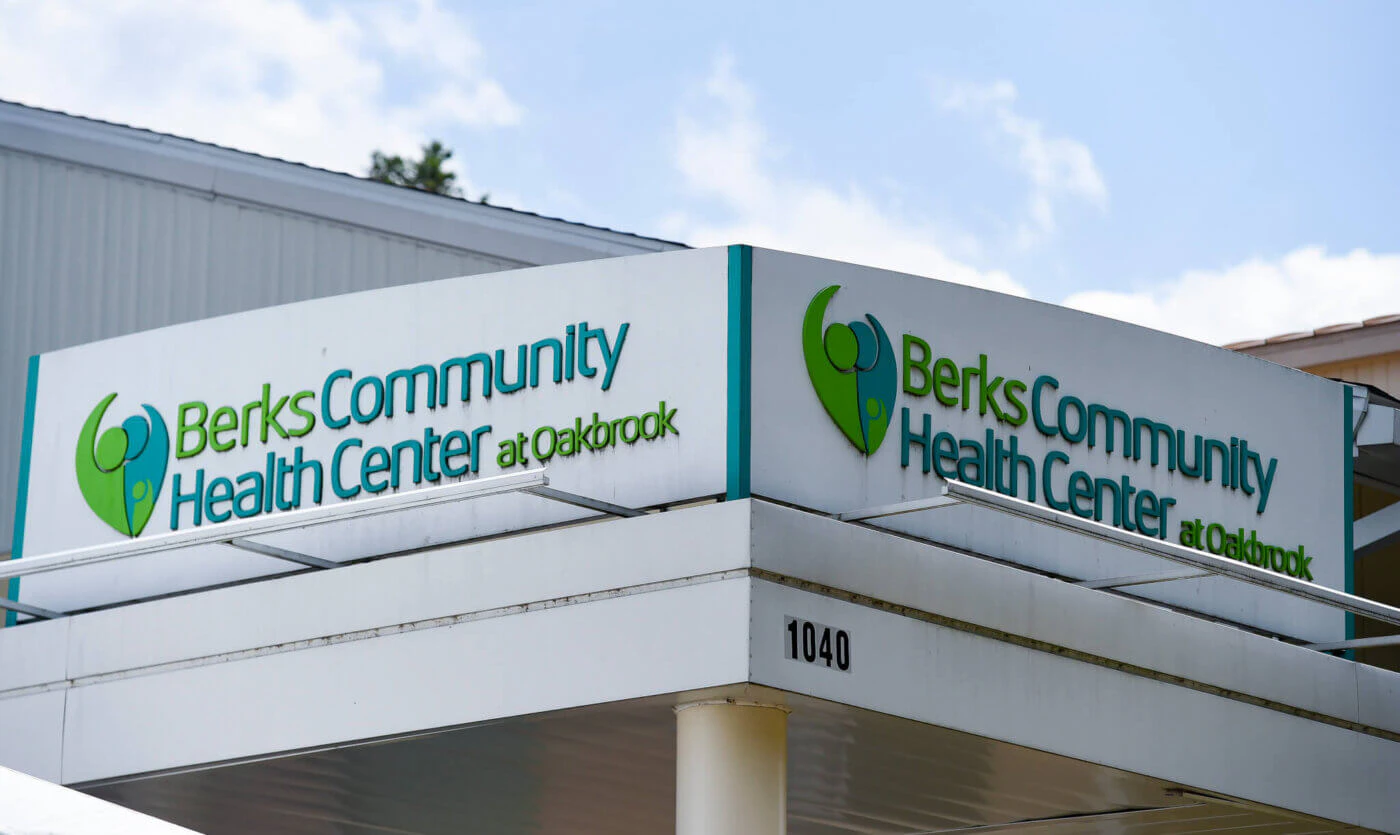 The sign for the Berks Community Health Center at Oakbrook, June 29, 2021. (Reading Eagle Photo via Getty Images/Ben Hasty)