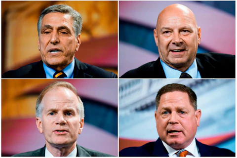 In this April 1, 2022 photo combination shown from top left are Lou Barletta, Pennsylvania state Sen. Doug Mastriano, R-Franklin, Bill McSwain and David White at a forum for Republican candidates for governor of Pennsylvania at the Pennsylvania Leadership Conference in Camp Hill, Pa. The four are scheduled to meet in Harrisburg, Pa., for a debate on Wednesday, April 27, 2022. (AP Photo/Matt Rourke)