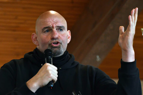 Pennsylvania Lt. Gov. John Fetterman, who is running for the Democratic nomination for U.S. Senate, speaks at a Centre County Democrats' breakfast event at a hotel at the Mountain View Country Club, Saturday, April 9, 2022, in Boalsburg, Pa. (AP Photo/Marc Levy)