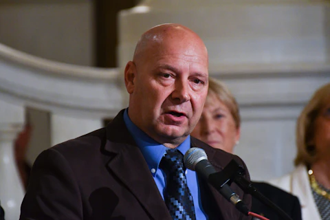 Republican state Sen. Doug Mastriano speaks at an event at the state Capitol in Harrisburg, Pa., on Friday, July 1, 2022 (AP Photo/Marc Levy)