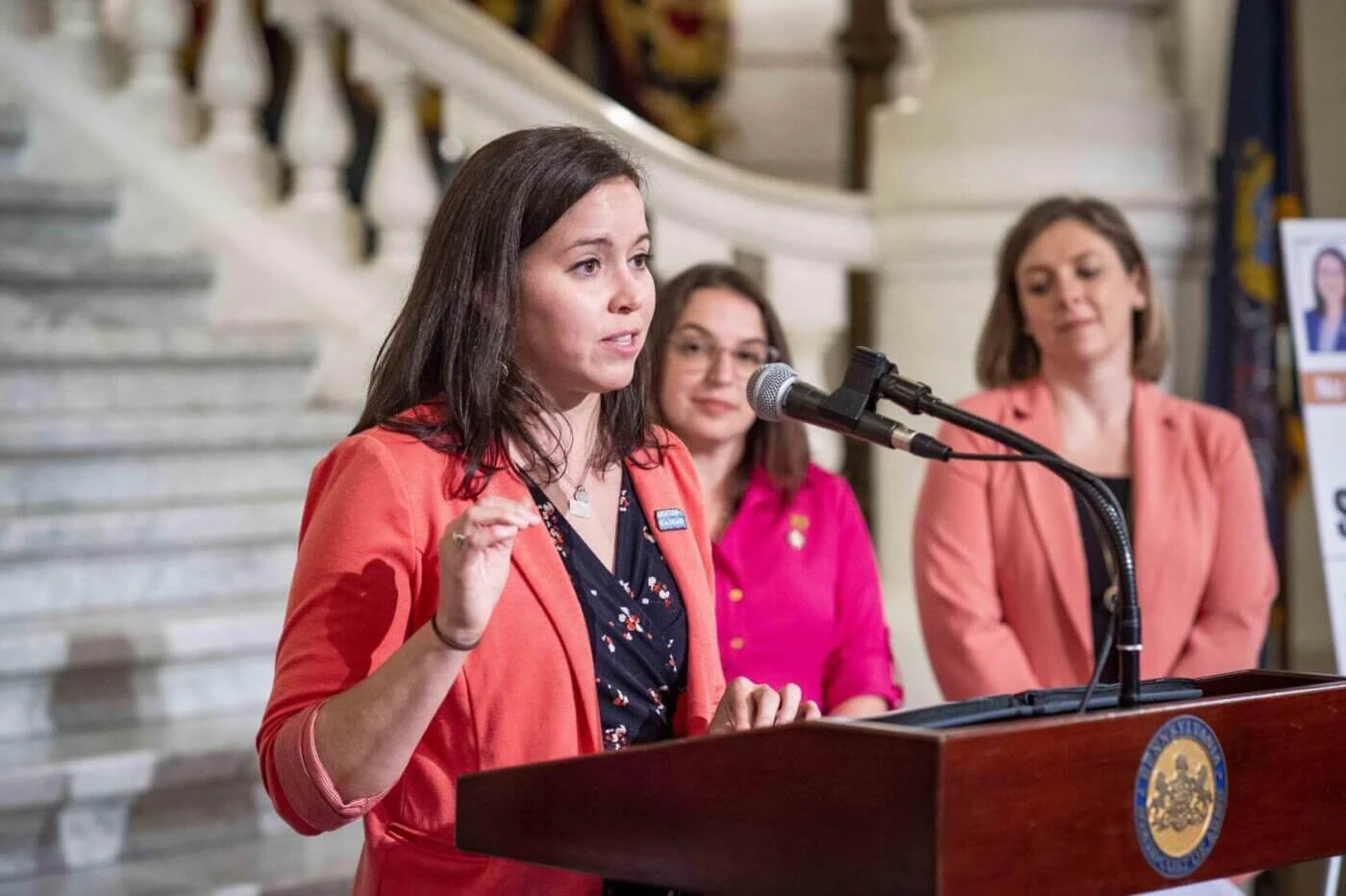 Rep. Emily Kinkead (D-Allegheny) and state Sen. Lindsey Williams (D-Allegheny) announce legislation for the no-cost school lunch program at the State Capitol in Harrisburg, Sept. 21, 2022. (Courtesy: PA House of Representatives)