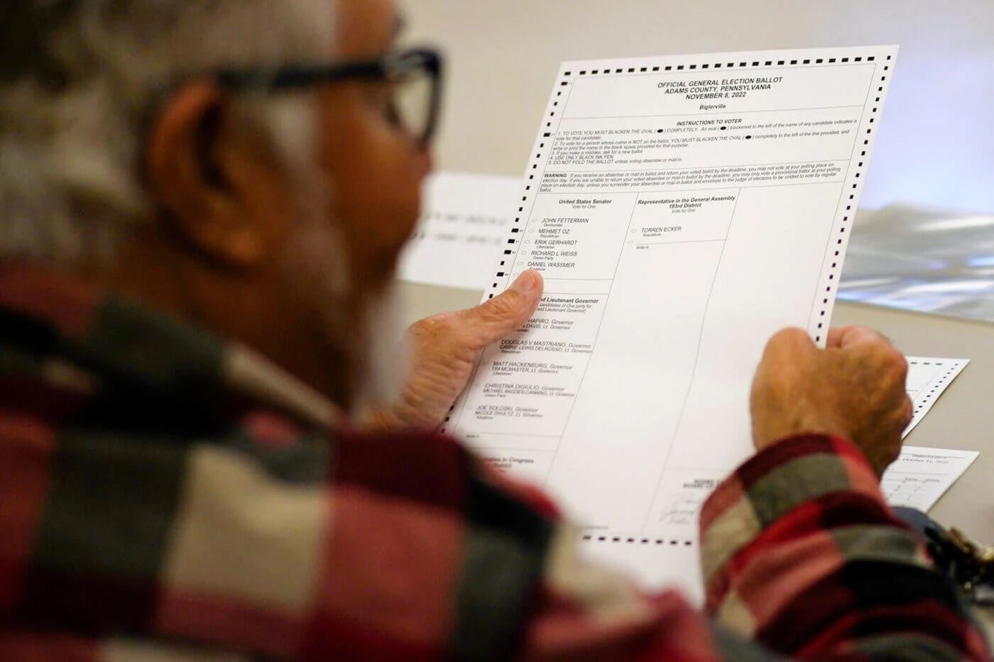 A poll worker holds a ballot at the Trinity Christian Fellowship Hall polling place in Biglerville, Pa., Tuesday, Nov. 8, 2022. (AP Photo/Carolyn Kaster)