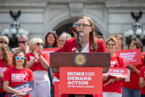 Rep. Jen O’Mara (D-Delaware) speaks in front of the Pennsylvania Capitol in Harrisburg on May 22, 2023. (Photo: Sean Kitchen)