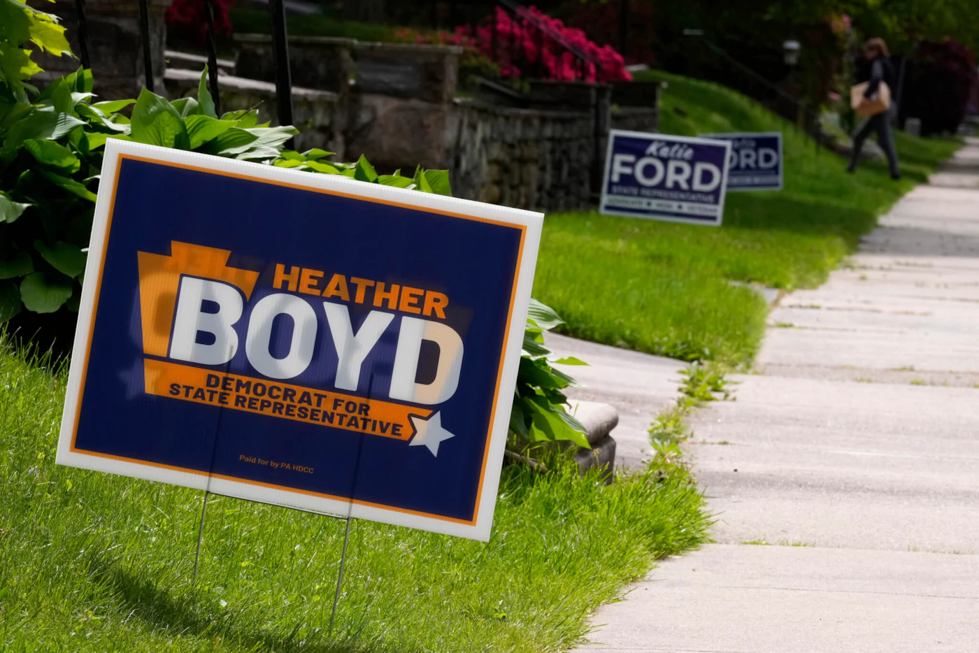 Campaign signs for Heather Boyd and Katie Ford are seen, Thursday, May 4, 2023, in Aldan, Pa. The two are running in a special election in the Philadelphia suburbs that will determine whether Democrats in the Pennsylvania House of Representatives will maintain control of the chamber or if Republicans will reclaim the majority control they held for 12 years until this January. (AP Photo/Matt Slocum)