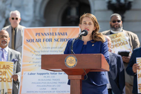 State Rep. Elizabeth Fiedler speaking at a Solar for Schools press conference at the Pennsylvania Capitol in Harrisburg on June 5, 2023. (Photo: Sean Kitchen)
