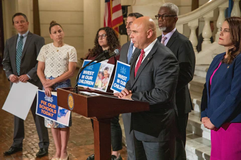 Rep. Rob Merski (D-Erie) speaking in Harrisburg about legislation to fix Pennsylvania's aging and toxic schools on Wednesday, June 14, 2023. (Photo: Sean Kitchen)
