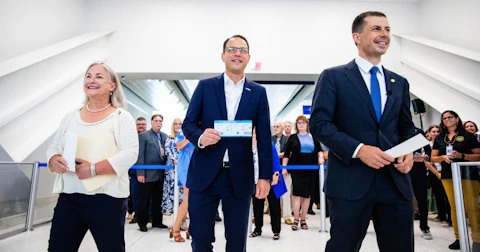 US Rep. Susan Wild (D-Lehigh), Gov. Josh Shapiro and Transportation Secretary Pete Buttigieg celebrating the expansion of the Lehigh Valley Airport on July 28, 2023. (Photo: Sean Kitchen)