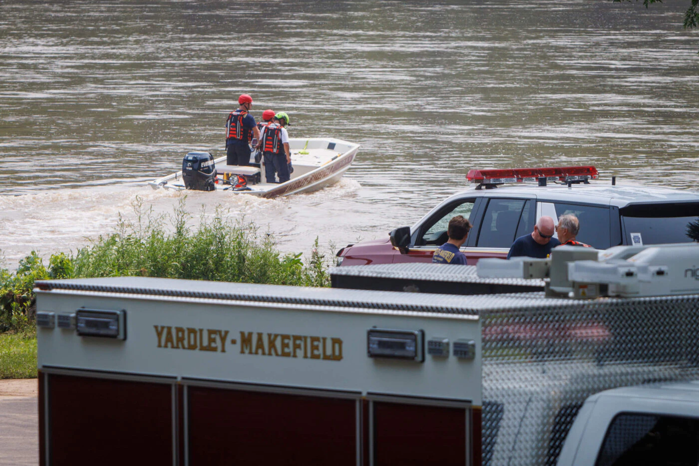 FILE - Yardley Makefield Marine Rescue leaves the Yardley boat ramp heading down the Delaware River on  July 17, 2023, in Yardley, Pa. The family of a 2-year-old girl swept away along with another child by a flash flood that engulfed their vehicle on a Pennsylvania road is expressing gratitude at the discovery of a body believed to be hers.  The body was found early Friday, July 22,  in the Delaware River near a Philadelphia wastewater treatment plant about 30 miles (50 kilometers) from where Matilda Sheils was carried away, authorities said Friday night. (Alejandro A. Alvarez/The Philadelphia Inquirer via AP, File)