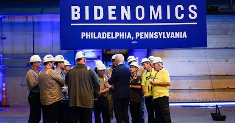 President Joe Biden talks with workers after handing out ice cream sandwiches during a visit to a shipyard in Philadelphia, Thursday, July 20, 2023. Biden is visiting the shipyard to push for a strong role for unions in tech and clean energy jobs. (AP Photo/Susan Walsh)