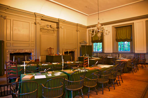 Assembly Room of Pennsylvania State House, now called Independence Hall, where Declaration of Independence and Constitution were created.  In Independence National Historical Park, Philadelphia, Pennsylvania