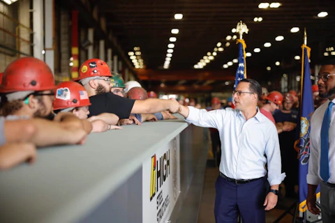 Gov. Josh Shapiro shaking hands with workers at High Steel Structures in Lancaster, PA on Aug. 7, 2023. 

(Photo: Commonwealth Media Services)