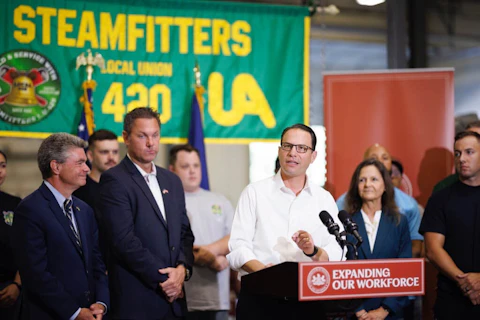 Gov. Josh Shapiro promoting his Commonwealth Workforce Transformation Program at the Steamfitters Local 420 training center in Philadelphia on August 2, 2023. 

(Photo: Commonwealth Media Services)
