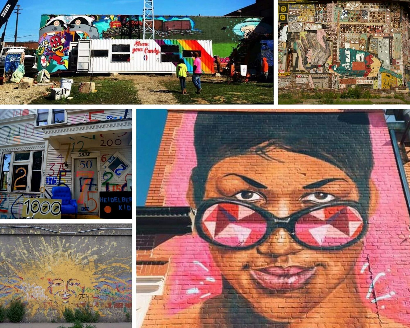 From top left: Lincoln Street Art Park (Photo via Facebook); Dabls Mbad African Bead Museum (Photo via francis mckee on Flickr); Desiree Kelly's Aretha Franklin mural (Photo courtesy of Desiree Kelly); a mural in Detroit's Mexicantown (Photo via Tara on Flickr); A scene from The Heidelberg Project (Photo via Nic Redhead on Flickr)