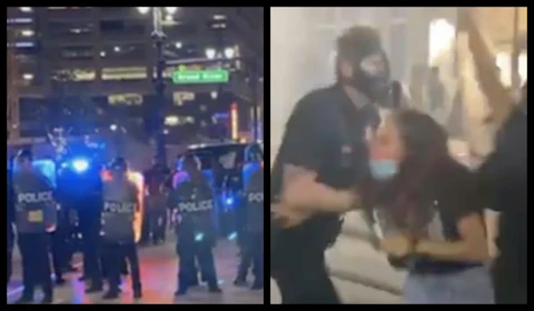 Still images taken from cell phone video shot of Detroit Police and federal troops clashing against protesters. Media courtesy of Kayleigh Waterman.