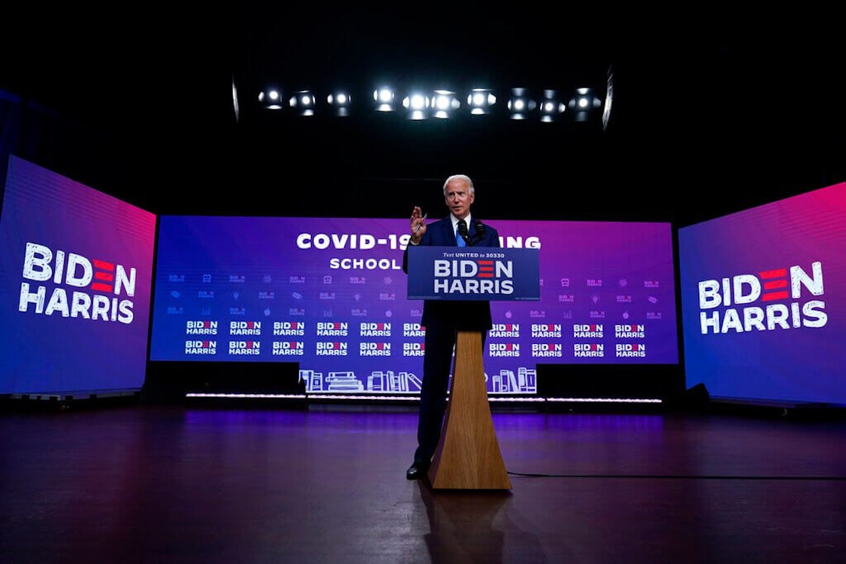 Democratic presidential candidate former Vice President Joe Biden speaks in Wilmington, Del., Wednesday, Sept. 2, 2020, about school reopenings. (AP Photo/Carolyn Kaster)