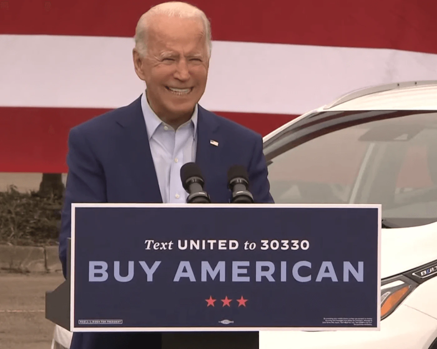 Joe Biden delivering a speech in Warren, MI. Screenshot taken from Biden's live stream.