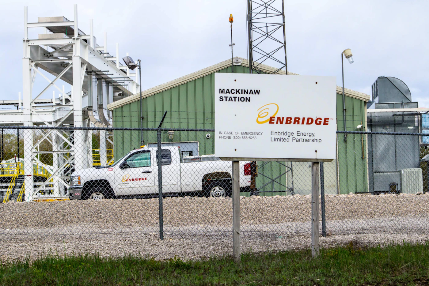 Mackinaw City, Michigan, USA - May 30, 2020: Exterior of Enbridge Inc. oil pump station at the Straits of Mackinaw. The company transports nearly two thirds of Canada's crude oil exports to the US.