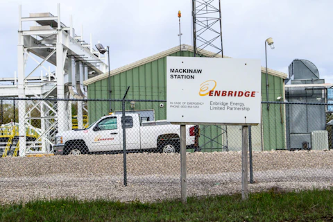 Mackinaw City, Michigan, USA - May 30, 2020: Exterior of Enbridge Inc. oil pump station at the Straits of Mackinaw. The company transports nearly two thirds of Canada's crude oil exports to the US.