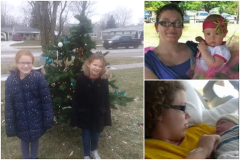 Lilliana, 9, (L, upper) and her little sister Zarah, 7, (R, lower) pose in front of the Christmas tree they've dedicated to the memory of their late mother, Jamie.