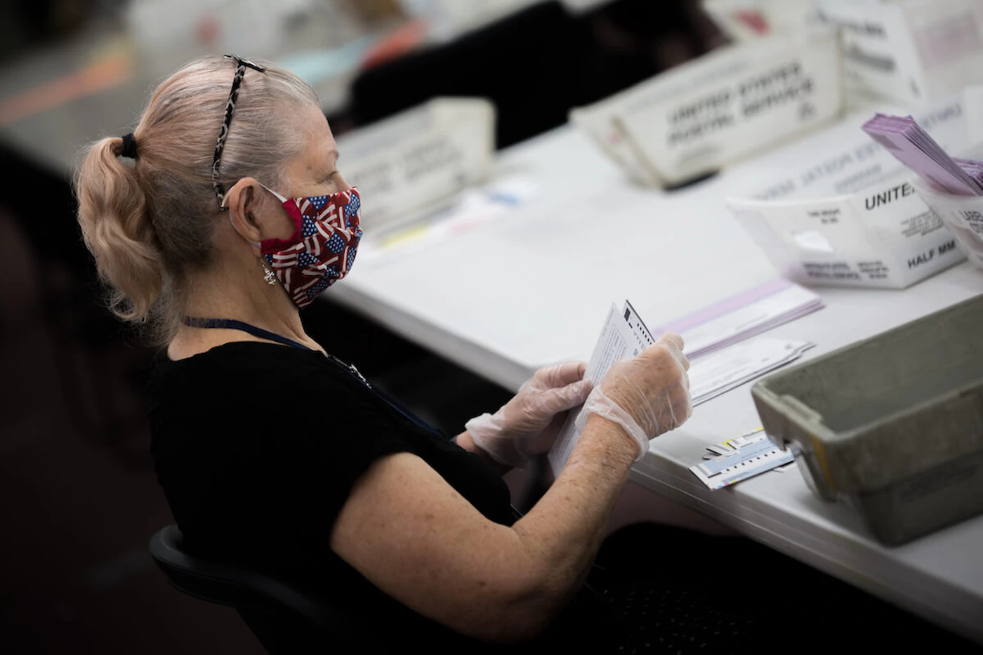 Election poll workers are pictured during the 2020 primary election day.