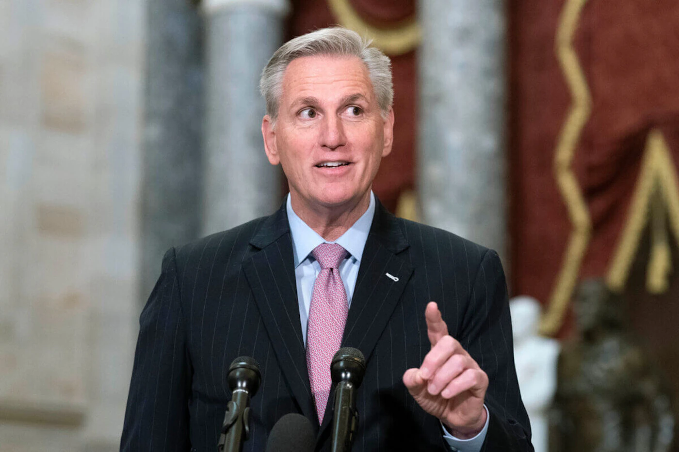 Speaker of the House Kevin McCarthy, R-Calif., speaks during a news conference in Statuary Hall at the Capitol in Washington, Thursday, Jan. 12, 2023. McCarthy rounded his first full week as House speaker in the most outwardly orderly way. There was hardly a hint of the chaotic, rebellious fight it took for the Republicans to arrive here, having barely installed him as the leader with the gavel. (AP Photo/Jose Luis Magana)