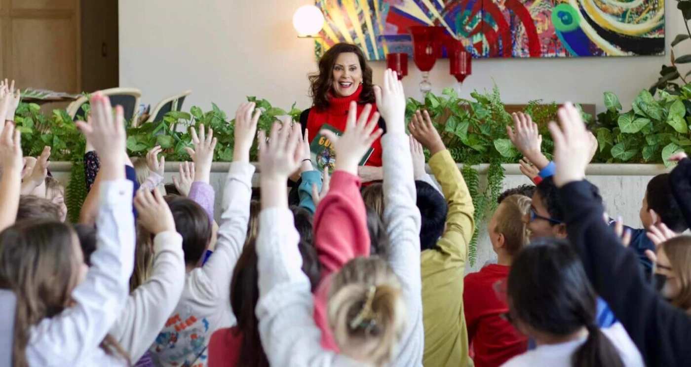 Gov. Gretchen Whitmer reads to a classroom for Reading Month. (Governor Gretchen Whitmer via Facebook)