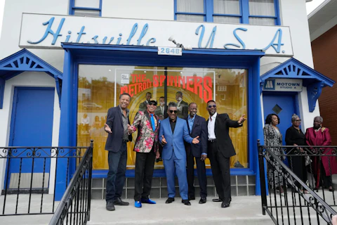 From left; Spinners members Marvin Taylor, G.C. Cameron, Ronnie Moss, Henry Fambrough and Jessie Peck stand outside the Motown Museum, Friday, May 19, 2023, in Detroit. The museum welcomed the iconic soul group where group members donated uniforms and other memorabilia from their Motown days. (AP Photo/Carlos Osorio)