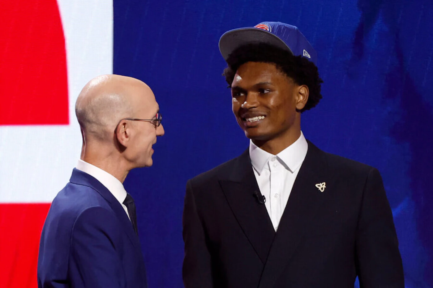 NEW YORK, NEW YORK - JUNE 22: Ausar Thompson (R) poses with NBA commissioner Adam Silver (L) after being drafted fifth overall pick by the Detroit Pistons during the first round of the 2023 NBA Draft at Barclays Center on June 22, 2023 in the Brooklyn borough of New York City. (Photo by Sarah Stier/Getty Images)