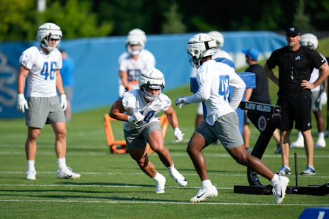 Detroit Lions linebacker Malcolm Rodriguez (44) runs a drill during an NFL football practice in Allen Park, Mich., Sunday, July 23, 2023. (AP Photo/Paul Sancya)