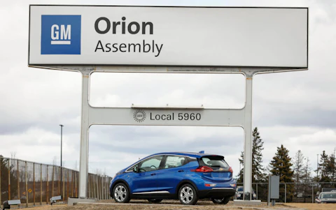 The General Motors Orion Assembly Plant sign is shown on March 22, 2019 in Lake Orion, Michigan. (Photo by Bill Pugliano/Getty Images)