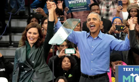 Former President Barack Obama campaigns for Gov. Gretchen Whitmer during a "Get Out the Vote Rally" in 2022. (Photo by JEFF KOWALSKY/AFP via Getty Images)