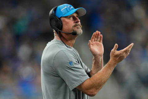 Detroit Lions head coach Dan Campbell watches play against the Jacksonville Jaguars during the first half of a preseason NFL football game, Saturday, Aug. 19, 2023, in Detroit. (AP Photo/Paul Sancya)