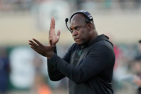 Michigan State head coach Mel Tucker signals from the sideline during the first half of an NCAA college football game against Central Michigan, Friday, Sept. 1, 2023, in East Lansing, Mich. (AP Photo/Carlos Osorio)