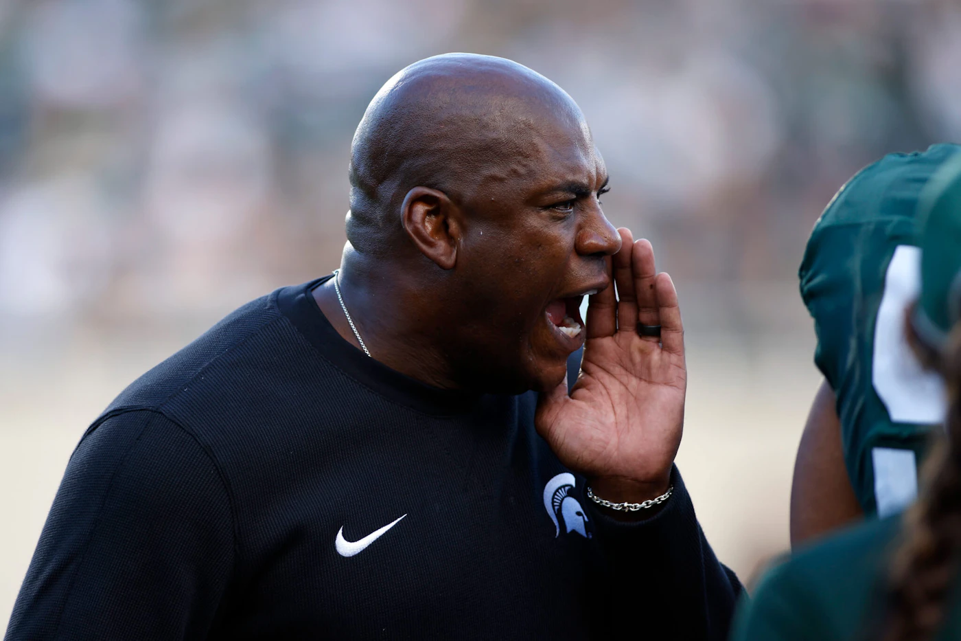 Michigan State coach Mel Tucker yells during the second half of an NCAA college football game against Richmond, Saturday, Sept. 9, 2023, in East Lansing, Mich. Michigan State won 45-14. (AP Photo/Al Goldis)